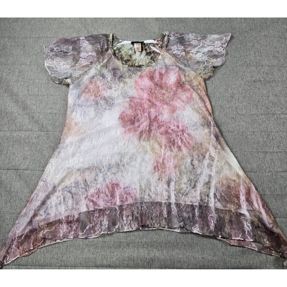 Women's Top BRITTANY BLACK Tunic Lined Fairy Floral Gauzy Cap Sleeves XL